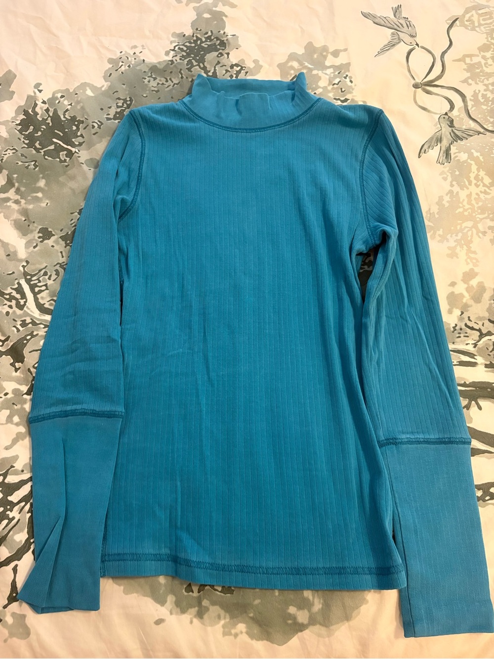 Free People Ribbed Mock-Neck Long Sleeve Top in Teal Blue